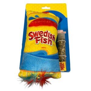Swedish Fish Refillable Catnip 6 1/2" Plush Cat Toy Feathers Bell